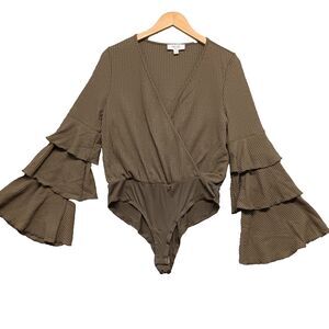 Peach Love California Women Sz L Faux Wrap Bodysuit Olive Green Waffle Knit Bell